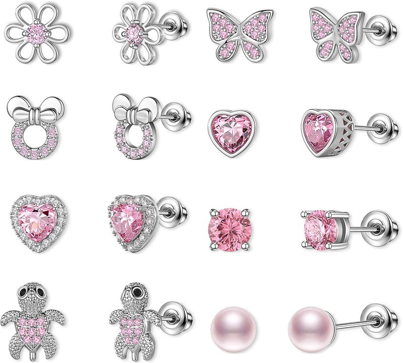 TOP BRIGHT 8 Pairs Hypoallergenic Earrings 925 Sterling Silver Stud Earrings Heart CZ Tiny Butterfly For Kids, Toddlers, Little Girls, Teens, Women - Image 1
